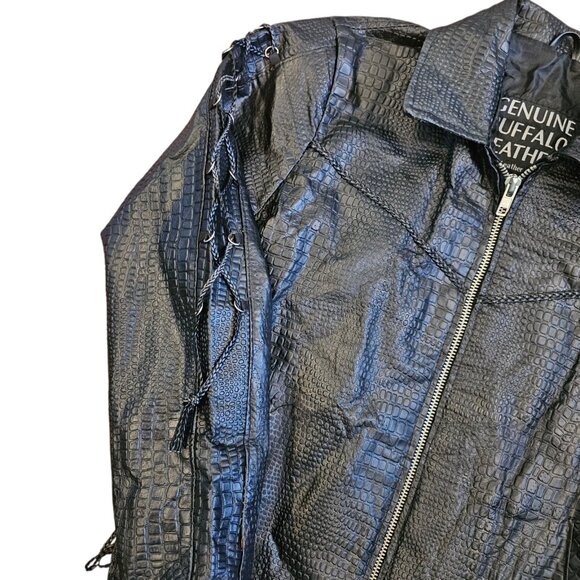 Y2K Black Leather Laceup Jacket Black Embroidered Roses On Back Sz L Biker Goth - Picture 4 of 12